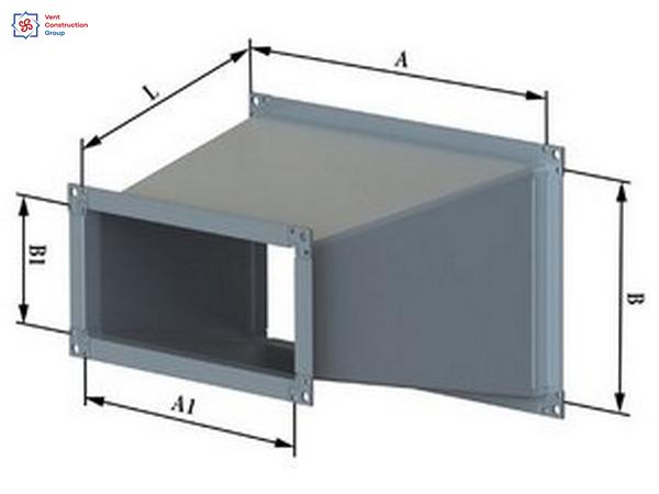 Переход с прямоугольного на прямоугольное сечение воздуховода